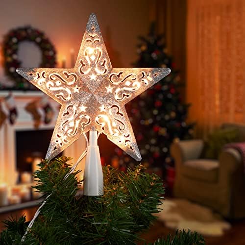 עץ כוכב חג המולד 8 טופר כוכב חג המולד מכסף נוצץ טופר כוכב חלול בנוי ב -10 נורות מיתרים אורות מיתרים תלת מימד טורטופ פלאג לתפאורה