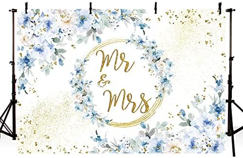 Mehofond 10x7ft תפאורה פרחונית כחולה עבור MR ו- MRS קישוטים למסיבות אירוסין זוגות חתונה נקודות זהב נצנצים צילום