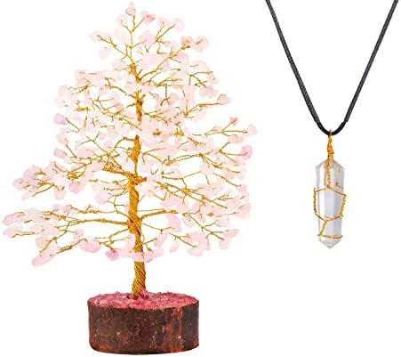 עץ חיים קריסטל - קריסטלי אנרגיה חיובית - עץ קוורץ ורד - קריסטל ורוד - קריסטל קוורץ ברור - שרשרת תליון - שרשרת