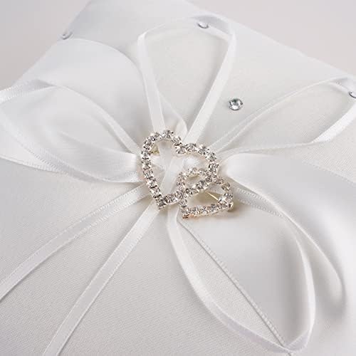 נושא טבעת כרית לחתונה טקס-שנהב לבן טבעת כרית, תחרה קריסטל חתונה כפול לב עבור פרח בנות, מיוחד תכשיטי מחסום כרית סט עבור הכנסייה