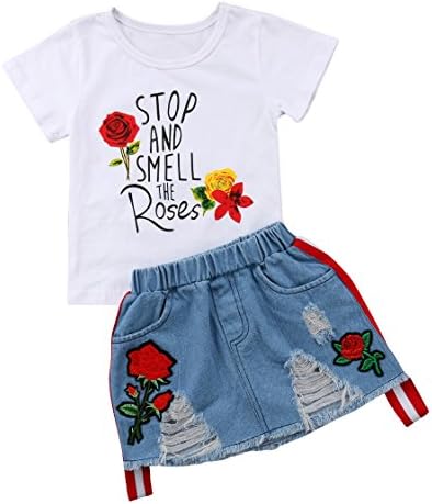 פעוטות תינוקות לריח את חולצת החולצה של ורד + סט בגדי בגדים של חצאיות ג'ינס
