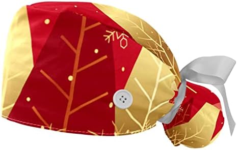 כובעים רפואיים לנשים עם כפתורים שיער ארוך, כובע עבודה מתכוונן 2 חלקים, יער חורף לחג המולד אדום עם איילים