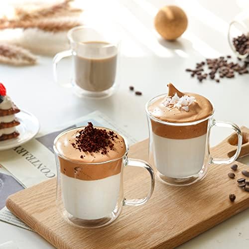 COMSAF ספלי קפה זכוכית כפולה עם קפה, כוסות כוסות בורוסיליקט מבודדות תרמיות עם ידית לתה, קפה, לאטה, קפוצ'ינו, משקאות