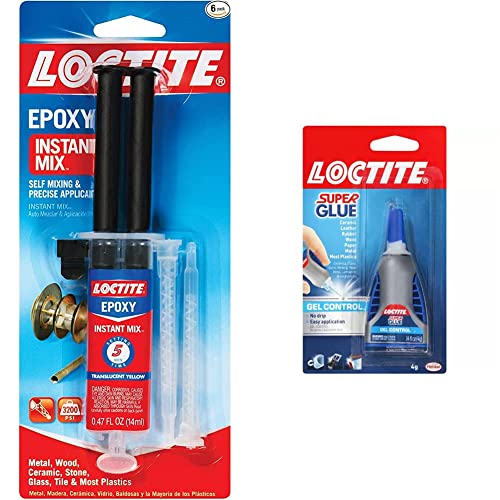 Loctite Epoxy חמש דקות תערובת מיידית של 0.47 -נוזל מזרק אונקיה, HC1060027 ולוקטיט בקרת ג'ל דבק סופר, דבק -על ברור,