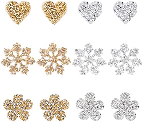Gorgecraft 12 יחידות 6 סגנון טלאי אפליקציות רקומות פרח לב חג המולד פתית שלג מברזל על בגדי נצנצים קריסטל למלאכות ג'ינס
