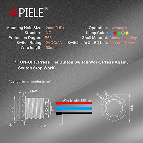 APIELE 12 ממ תפס כפתור לחצן מתג חוטית מראש 150 ממ סגסוגת אלומיניום ראשית עגולה 1 לא 1 פתוחה בדרך כלל עם חבילת LED