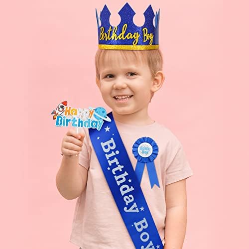נסיך יום הולדת ילד כובע כתר כחול, יום הולדת אבנט וכפתור סיכות לילדים, עוגת טופר-מסיבת יום הולדת קישוטי עבור בנים