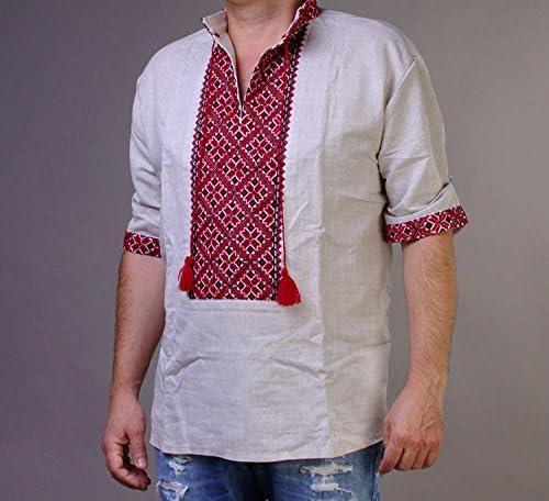גברים חולצה רקומה אוקראינית בעבודת יד פשתן אפור שרוול קצר 3