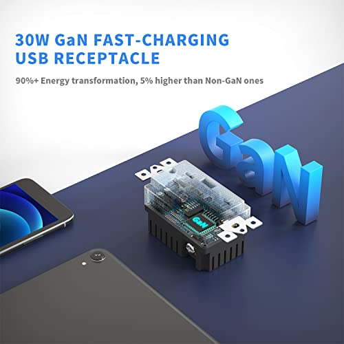 Amerisense GAN 30W 6AMP 3-יציאה לשקע קיר USB, 15 אמפר עמיד בפני תקן עמיד עם 2 C & 1 סוג USB סוג יציאה, מטען USB לאייפון/אייפד/סמסונג/LG/HTC,