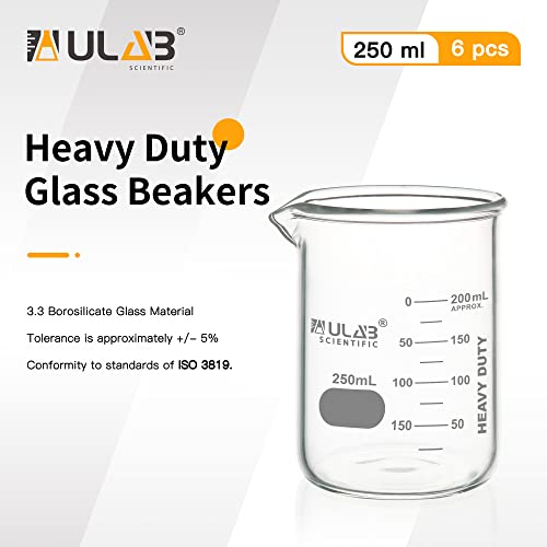 כוסות זכוכית כבדות של ULAB, 6 יחידות של כרך 25 מל, בורוסיליקט 3.3 זכוכית, סולם כפול, עמידות מעולה ועמידות כימית עם סיום לימודים,