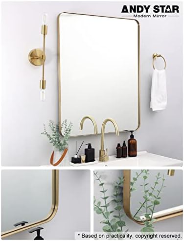 מראה אמבטיה זהב של אנדי כוכב, מראה רכוב על קיר יהירות אמבטיה 30 x36, מראה מלבן מעוגלת, מסגרת מתכת מודרנית של חלודה,