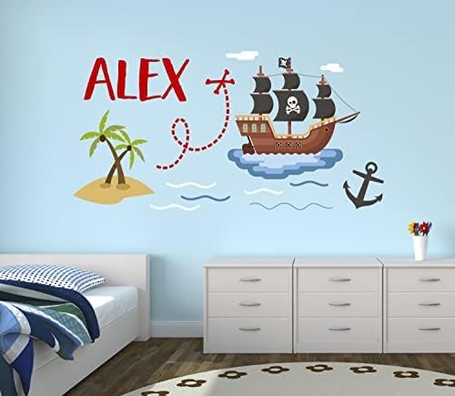 ספינת הנושא של פיראטים מדבקות קיר - שם קיר מותאם אישית מדבקות - עיצוב פיראטים לחדר שינה לילדים - מדבקת מדבקות קיר לילדים