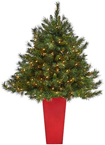 כמעט טבעי 4.5ft. עץ חג המולד מלאכותי של אורן מעורבב עם 250 אורות ברורים ו 462 ענפים הניתנים לכפיפה במגדל מגדל, אדום