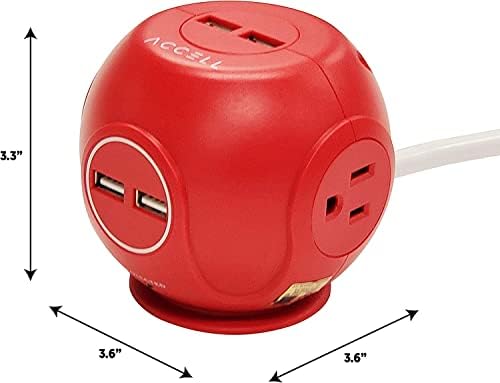 Accell Power Cutie - מגן מתח קומפקטי עם 3 שקעי AC מוגנים על ידי מתח 540J ו -4 יציאות טעינה USB -A, כבל 6ft, אדום
