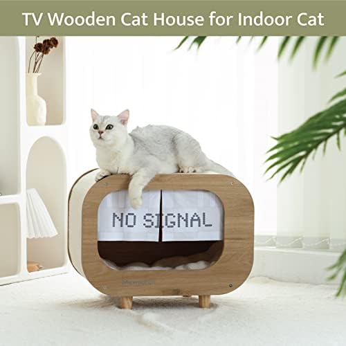טלוויזיה חתול בית לחתולים מקורה עץ חתול בית חתול מיטת חתול מקלט עם רך הפיך כרית אופנה וילון
