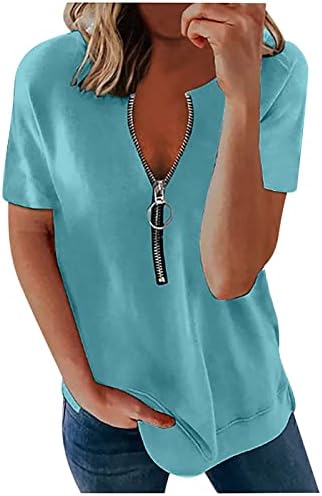 חולצות קיץ לנשים חולצות שרוול קצר חולצות טריקו סקסיות עם צווארון רופף רוכסות חולצות חולצות הנלי זורמות מוצקות
