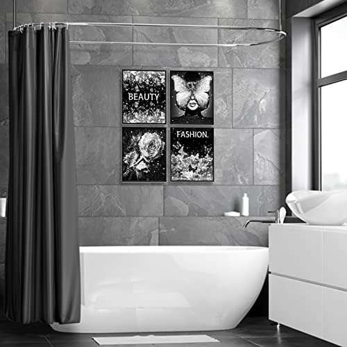 Ukzmn קיר קיר אמנות פרפר ורד חדר אמבטיה עיצוב חדר שינה מקושט גליטר נצנצים הדפסת אמנות שחור לבן יצירות אמבט