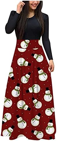 הנשים חג המולד הדפסת פתית שלג שמלת מקסי שמלת טוניקה קרקעית מזדמנת שמלות חג המולד שרוול ארוך מותניים גבוהים שמלות פסטיבל ארוכות