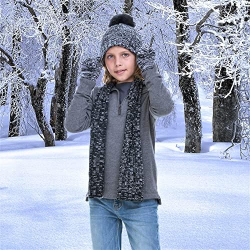 סט כובע,צעיף וכפפות לבנים-אביזרי חורף למזג אוויר קר לילדים-סט כפה לילדים 3 יחידות-סטים של צעיפי כובע לבנים גדולים