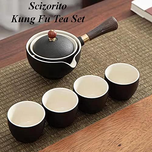 ערכת תה טיולים ניידים של Scizorito Ceramic, ערכת תה קונגפו סינית עם 360 קומקום סיבוב ומוציאה, 4 כוסות תה, מגש תה במבוק