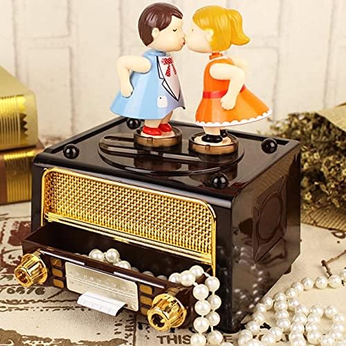 Yfqhdd רטרו רדיו בצורת ספינינג קופסא מוזיקה יצירתית קופסא מוזיקה מצחיקה קופסא אחסון תכשיטים מוזיקלי קופסת יום הולדת ילד