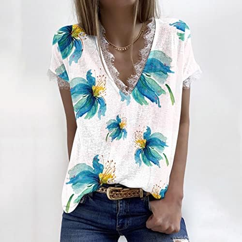 חולצות לנשים טרנדי מקרית לנשימה מודפס קיץ כיכר צוואר קצר שרוול רופף בכושר אופנה