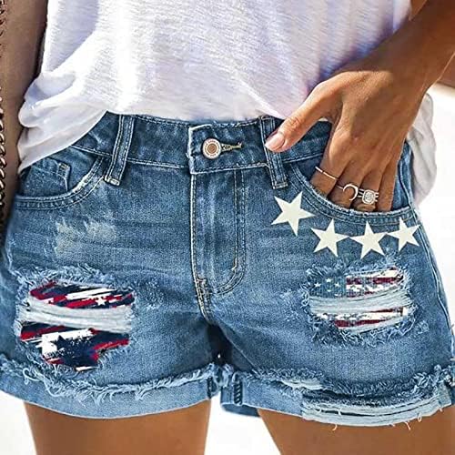 OPLXUO יום העצמאות ג'ינס מכנסיים קצרים לנשים דגל ארהב פטריוטי קרע מכנסיים קצרים של ג'ין מכנסיים קצרים קיץ