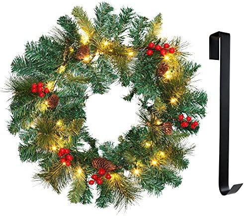 זר חג המולד של פייטון 21 אינץ 'עם 40 נורות LED, זר חג מולד מואר חיצוני לדלת הכניסה, זר חג המולד לקישוטי מסיבת