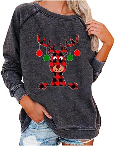 נשים סווטשירטים צוואר סווטשירטים 2023 סוודרים לחג המולד לשרוול ארוך סוודרים משובצים איילים משובצים סוודר חולצה גרפית