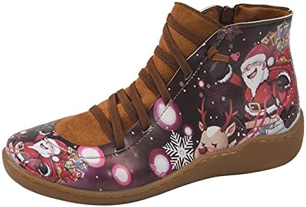 מגפי קרסול נשים הדפסת חג המולד דמוית עור מפנה נעלי התאמה מגפיים