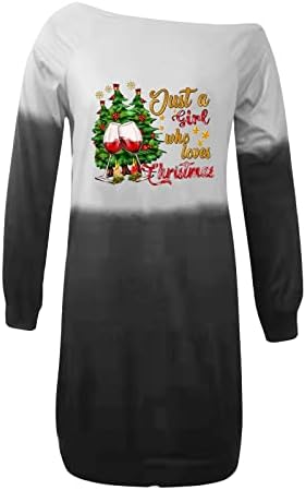 ארוך שרוול שמלת נשים מקרית חג המולד הדפסת עגול צוואר סוודר ארוך שרוול שמלת כפתור למטה שמלה