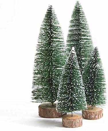 עצי חג מולד קטנטנים, 4 יחידים מיני חג המולד מלאכותי סיסל שלג כפור עצי שולחן, עצי מברשת בקבוקים ירוקים עם בסיס