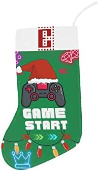 גרב חג המולד של מונוגרמה עם משחק משחק וידאו התחלה ומכתב E 18 אינץ 'ירוק ולבן עם ראשוני