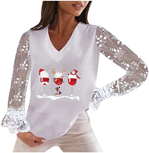 חולצות חג מולד לנשים חולצות תחרה לבושות חולצות צוואר נצנצים יין חג המולד חג המולד נשים