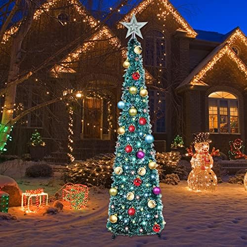 עיצוב עץ חג המולד של 6 רגל עם טיימר DIY 100 קישוט LED סוללה מופעל על טינסל פופ -אפ, עץ חג המולד עם קישוטים לכדור תלייה מסיבה