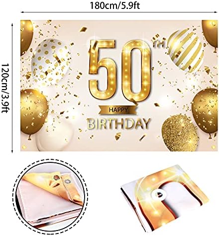 באנר תפאורה של יום הולדת 50 שמח קישוטי רקע בן 50 שנה לנשים גברים לה ציוד מסיבת צילום נצנצים זהב לבן, 1