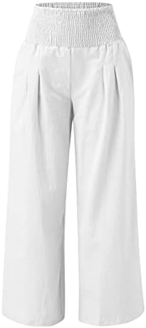 מקרית קיץ כותנה פשתן מכנסיים לנשים בבאגי ישר רגל מכנסיים גבוהה מותן חוף מכנסיים עם כיסים קומפי מכנסיים