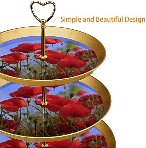 3 טייר קאפקייקס סטנד מגדל קפקייקס מגדל עוגת קאפקייקס מגדל עץ קינוח למסיבות אירועים, פרחים אדומים של תירס פרחים אדומים
