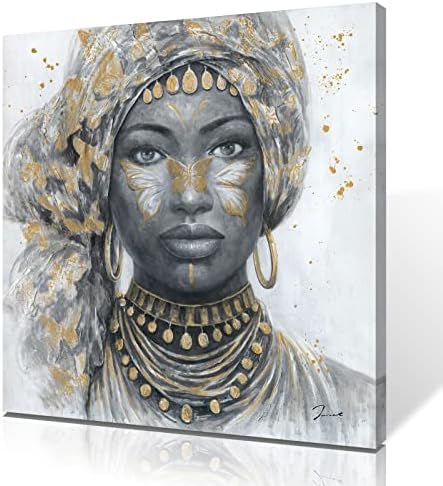 אמנות קיר אישה אינדיאנית-שבטי צ 'יף דיוקן נשי אפריקאי עם סרט מסורתי ועגיל שרשרת זהב ציור שחור מלכת פרפר זהב