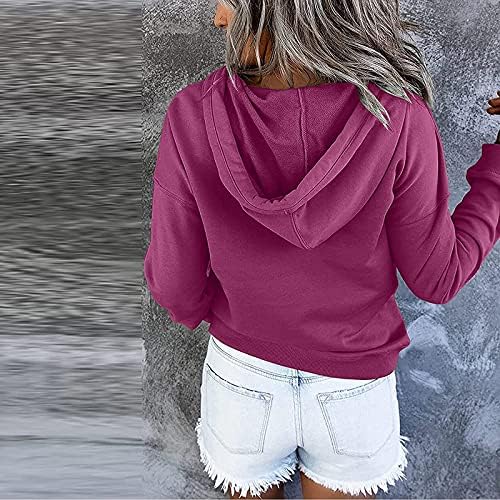 כפתור נשים למטה קפוצ'ונים סווטשירטים מוצקים מזדמנים נופלים סוודר שרוול ארוך חולצה חולצה נוחה עם כיסי קנגורו