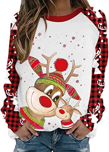 חולצות חג המולד של Beuu לנשים, חג המולד איילים הדפסים שרוול ארוך סווטשירטים סווטשירטים משובצים משובצים סוודר צוואר