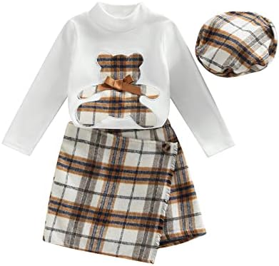Fepege ילדים בגדי תינוקות נושאים רקמה רקמה סוודר שרוול ארוך למעלה + חצאית משובצת + כובע 3 יחידות פעוטות סטים