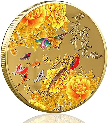 1.57-אינץ זהב מצופה מזל מטבע עם שקוף מגן מקרה, שמציעה אדמונית פריחה, קוי דגים, צבעוני ציפורים, ומשמח סיני ביטויים-הגרלה