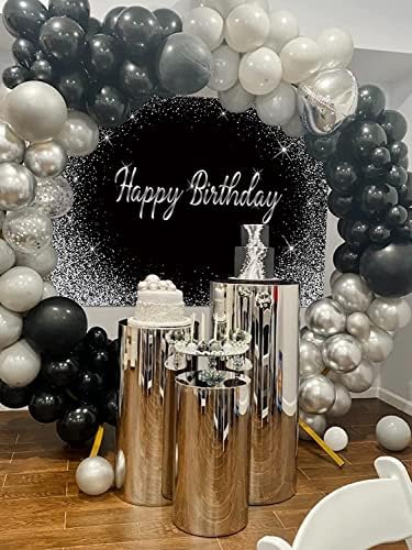 שחור שמח יום הולדת רקע גליטר כסף דוט צילום רקע מסיבת יום הולדת קישוט באנר עוגת שולחן קינוח שולחן אספקת תמונה