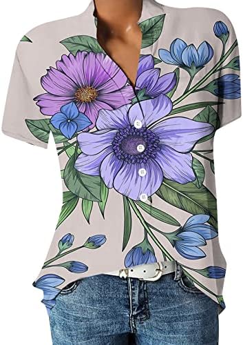 צמרות יבול כותנה לנשים אופנה צמרות מזדמנים מודפסות חולצות שרוול קצר מודפסות חולצת כפתור T למטה, S-3XL