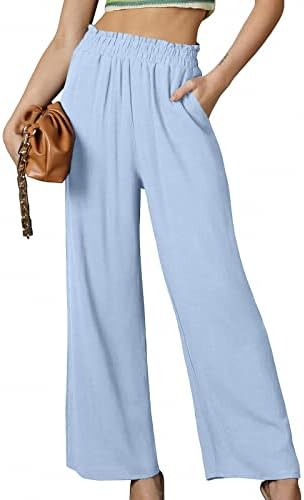 מכנסי פשתן של Annhoo Ladies מכנסי מתיחה מזדמנים מותניים אלסטיים ישר מכנסי סתיו קיץ 2023 ביגוד אופנה עקורים