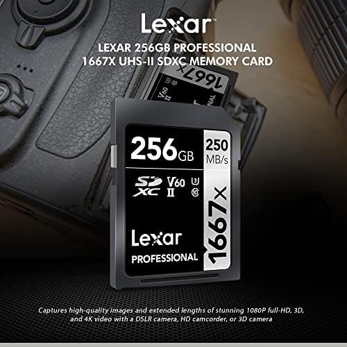 Lexar Professional 1667x 256GB SDXC UHS-II/U3 כרטיס זיכרון, בתוספת צרור עם מארז כרטיס הגנה עמיד במים, קורא כרטיסי SD/SDHC,