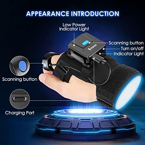 Eyoyo כפפה לבישה QR סורק קוד סורק, 1D טבעת אצבעות 1D טבעת Bluetooth Bluetooth סורק, שמאל וימין לביש, ניידים אלחוטיים ניידים