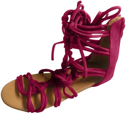 נשים סנדליות, צבע אחיד בקיץ ראפלס עגול בוהן עקב עקב שטוח צולב נעלי שמלה