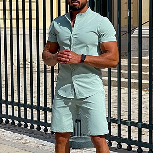 צבע אחיד של גברים רופפים כפתור ספורט דש עם שרוול קצר חולצת טריקו מכנסיים קצרים עם 2 חלקים כושר קיץ חליפת בגדי ספורט,